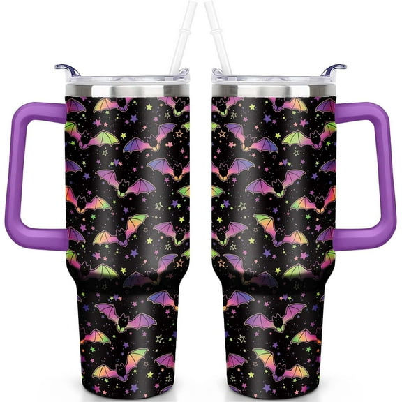 Halloween 40oz Insulated Stainless Steel Tumbler - Bat Design,Spill-Proof Lid,Handle & Straw,Travel Coffee Cup,Boo Gift for Women Men (1PC)