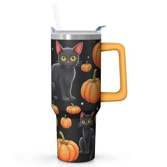 Halloween 40oz Pumpkin Tumbler with Handle and Straw Lid – Insulated Hot Cold Coffee Mug – Spooky Gift Cup