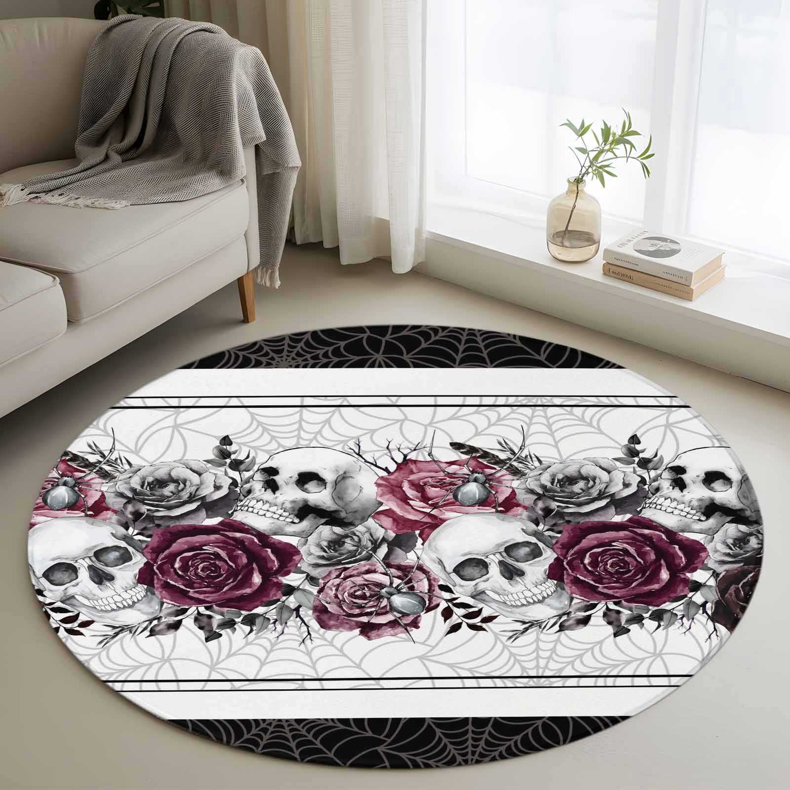 Halloween 4ft Round Rug, Black Horror Skull Roses Spi-der Web Vintage ...