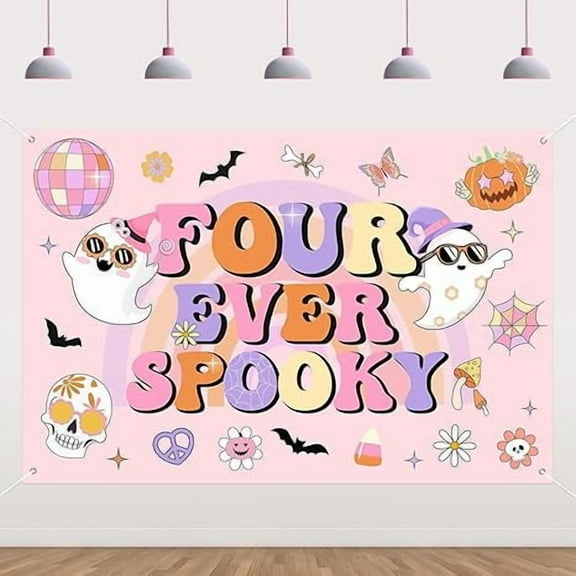 Halloween 4th Birthday Party Decorations 5 * 3ft Four Ever Spooky Backdrop Banner Hippie Halloween Birthday Party Decor Groovy Disco Bat Ghost Birthday Backdrop Scary Decor for 4 Year Old