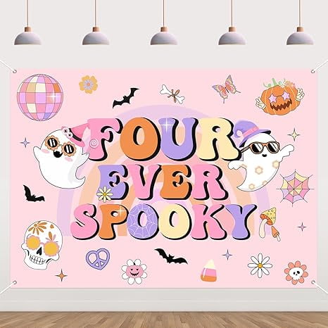 Halloween 4th Birthday Party Decorations 7 * 5ft Four Ever Spooky Backdrop Banner Hippie Halloween Birthday Party Decor Groovy Disco Bat Ghost Birthday Backdrop Scary Decor for 4 Year Old