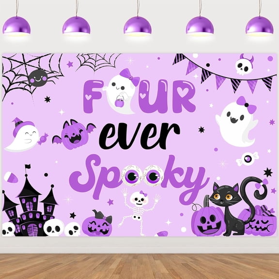 Halloween 4th Birthday Party Decorations Purple Four Ever Spooky Birthday Backdrop for Girls Four Ever Spooky Birthday Supplies for Photography Background