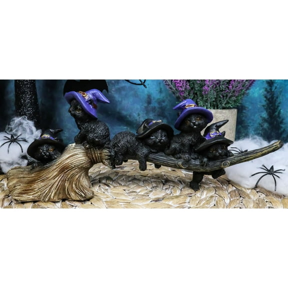 Halloween 5 Black Kitten Cats With Witch Hat Riding Magical Broomstick Figurine
