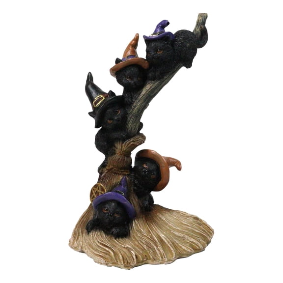 Halloween 5 Black Kitten Cats with Witch Hats Perching On Broomstick Figurine