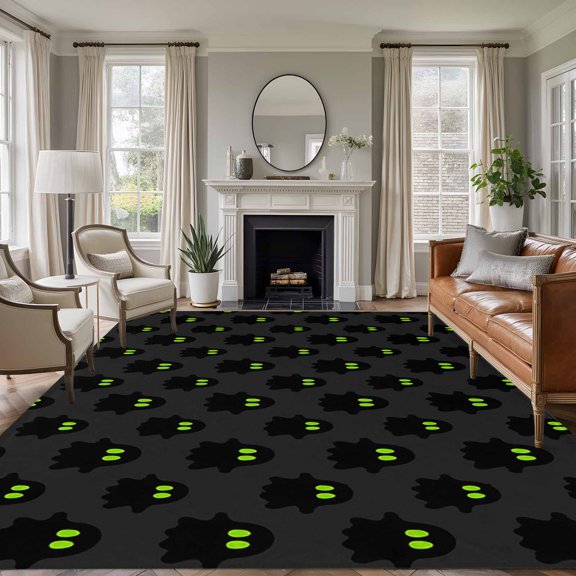 Halloween 5'x7' Area Rug, Black Spooky Green Eyes Ghost Floating Washable Non-Slip Soft Rugs, Low-Pile Large Carpet for Living Room Bedroom Dining Room, Non-Shedding Accent Rug