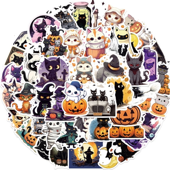Halloween, 50 Pcs Cute Cat, Black Cat, Pumpkin, Spooky Decorative Decals for Phone Cases Laptops Water Bottles Notebooks, Smooth Removable Surface Safe Decoration for Daily Use
