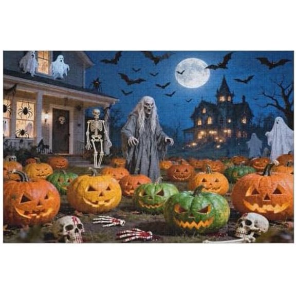 Halloween 500 Piece Puzzle for Adults, Spooky Haunted House with Pumpkins, Ghosts & Bats, Challenging Family Game, Interactive Puzzle, Game Night Decoration