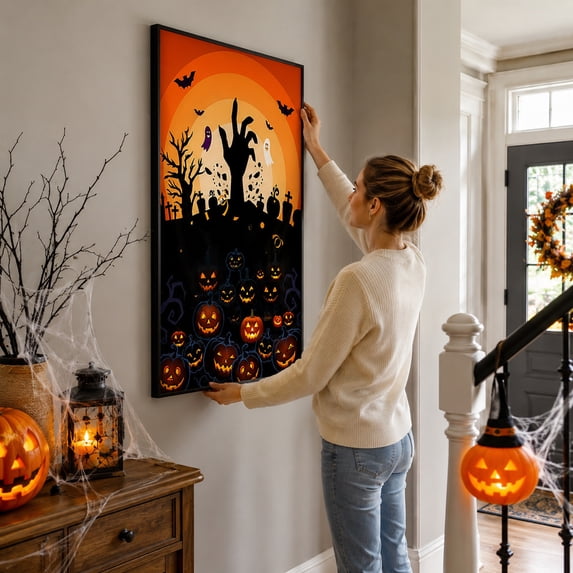 Halloween 59 Inch Poster with Spooky Pumpkin Witch Print, Themed Wall Art for Home Parties, Spooky Season Hanging Decor