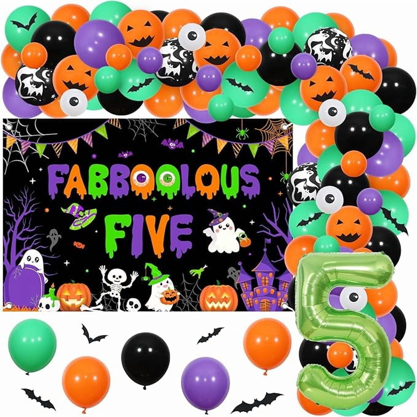 Halloween 5th Birthday Decorations Boy Girl - Orange Green Purple Halloween Balloons Garland Arch Kit with Fabboolous Five Backdrop, Bat Wall Stickers, Number 5 Balloon