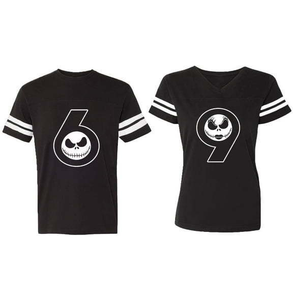 Halloween 69 Matching Couple Cotton Jerseys (Men Black / Women Black) (Men XL / Women XXL)