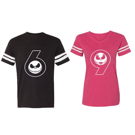 Halloween 69 Matching Couple Cotton Jerseys (Men Black / Women Pink) (Men L / Women S)