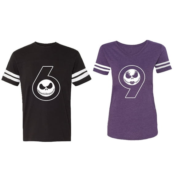 Halloween 69 Matching Couple Cotton Jerseys (Men Black / Women Purple) (Men L / Women S)