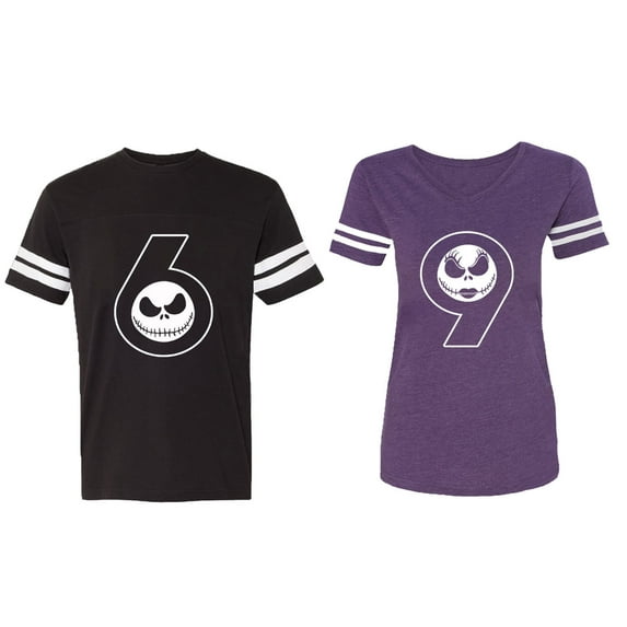 Halloween 69 Matching Couple Cotton Jerseys (Men Black / Women Purple) (Men XL / Women S)