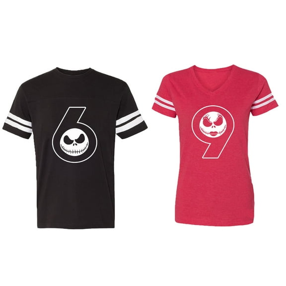 Halloween 69 Matching Couple Cotton Jerseys (Men Black / Women Red) (Men S / Women L)