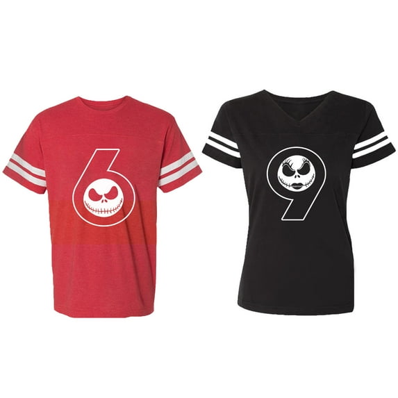 Halloween 69 Matching Couple Cotton Jerseys (Men Red / Women Black) (Men S / Women S)