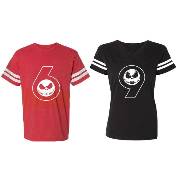 Halloween 69 Matching Couple Cotton Jerseys (Men Red / Women Black) (Men S / Women S)