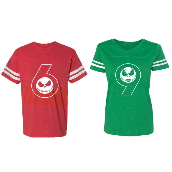 Halloween 69 Matching Couple Cotton Jerseys (Men Red / Women Green) (Men L / Women XXL)