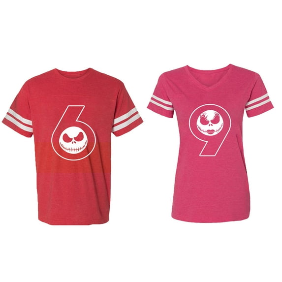 Halloween 69 Matching Couple Cotton Jerseys (Men Red / Women Pink) (Men M / Women XL)