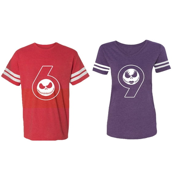 Halloween 69 Matching Couple Cotton Jerseys (Men Red / Women Purple) (Men XL / Women M)