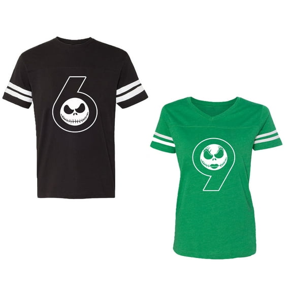 Halloween 69 Unisex Couple Matching Cotton Jersey style T-Shirt Contrasting stripes on sleeves (Men Black / Women Green) (Men XL / Women L)