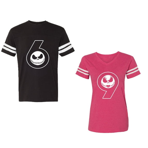 Halloween 69 Unisex Couple Matching Cotton Jersey style T-Shirt Contrasting stripes on sleeves (Men Black / Women Pink) (Men S / Women XL)