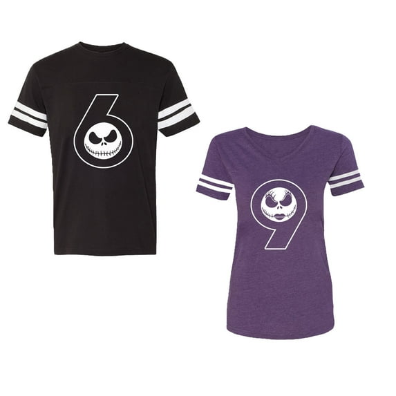 Halloween 69 Unisex Couple Matching Cotton Jersey style T-Shirt Contrasting stripes on sleeves (Men Black / Women Purple) (Men M / Women L)