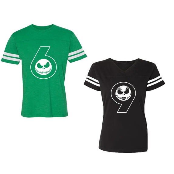 Halloween 69 Unisex Couple Matching Cotton Jersey style T-Shirt Contrasting stripes on sleeves (Men Green / Women Black) (Men S / Women S)