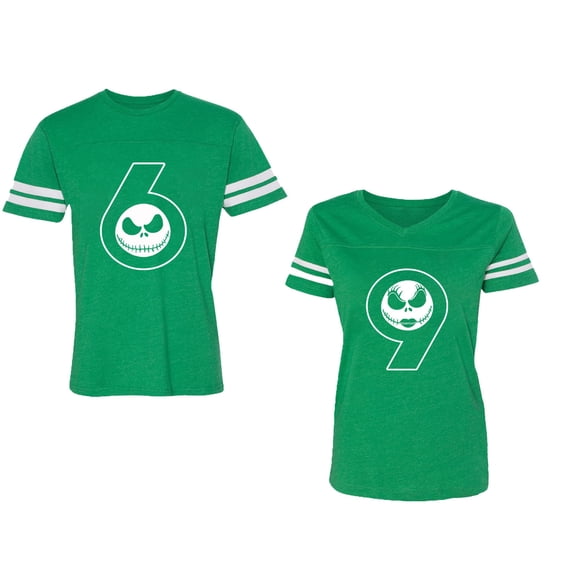 Halloween 69 Unisex Couple Matching Cotton Jersey style T-Shirt Contrasting stripes on sleeves (Men Green / Women Green) (Men XL / Women L)