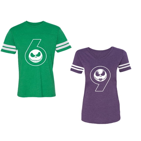 Halloween 69 Unisex Couple Matching Cotton Jersey style T-Shirt Contrasting stripes on sleeves (Men Green / Women Purple) (Men XL / Women L)