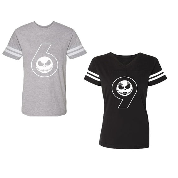 Halloween 69 Unisex Couple Matching Cotton Jersey style T-Shirt Contrasting stripes on sleeves (Men Heather / Women Black) (Men S / Women S)