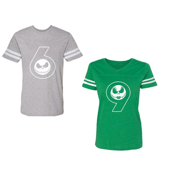 Halloween 69 Unisex Couple Matching Cotton Jersey style T-Shirt Contrasting stripes on sleeves (Men Heather / Women Green) (Men L / Women S)