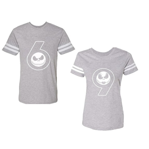 Halloween 69 Unisex Couple Matching Cotton Jersey style T-Shirt Contrasting stripes on sleeves (Men Heather / Women Heather) (Men L / Women L)
