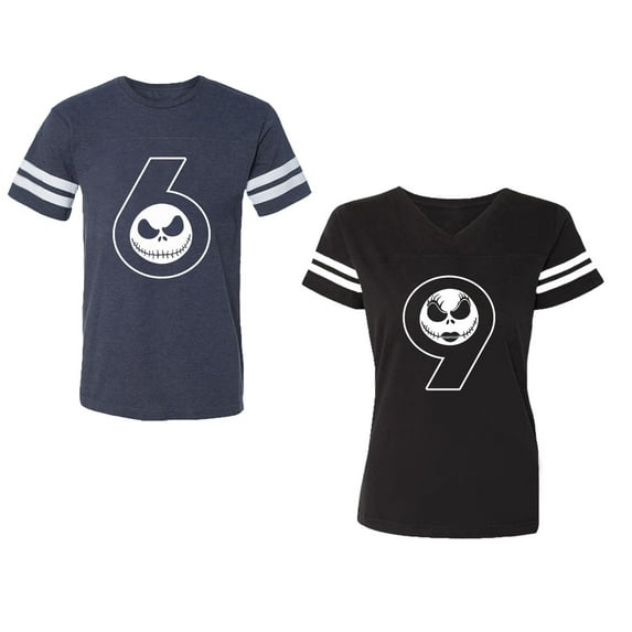 Halloween 69 Unisex Couple Matching Cotton Jersey style T-Shirt Contrasting stripes on sleeves (Men Navy / Women Black) (Men S / Women S)