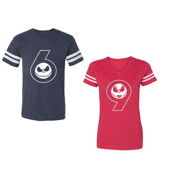 Halloween 69 Unisex Couple Matching Cotton Jersey style T-Shirt Contrasting stripes on sleeves (Men Navy / Women Red) (Men M / Women L)