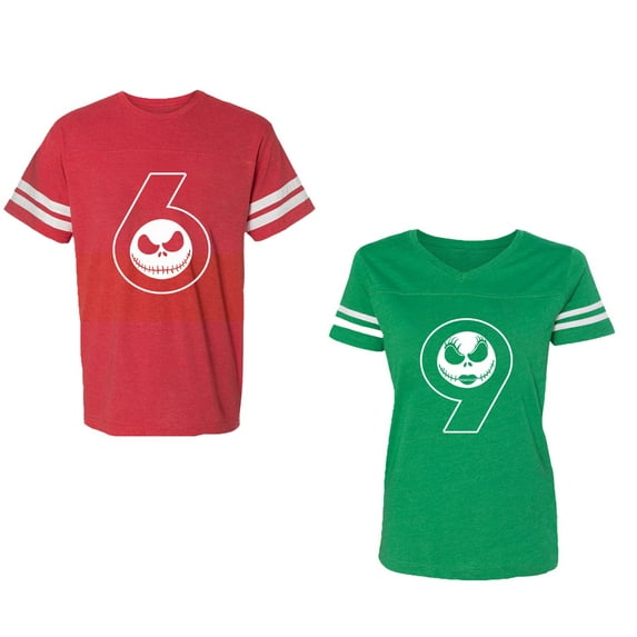 Halloween 69 Unisex Couple Matching Cotton Jersey style T-Shirt Contrasting stripes on sleeves (Men Red / Women Green) (Men L / Women XL)
