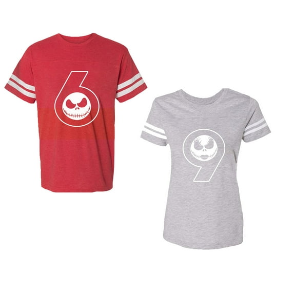 Halloween 69 Unisex Couple Matching Cotton Jersey style T-Shirt Contrasting stripes on sleeves (Men Red / Women Heather) (Men XXL / Women M)