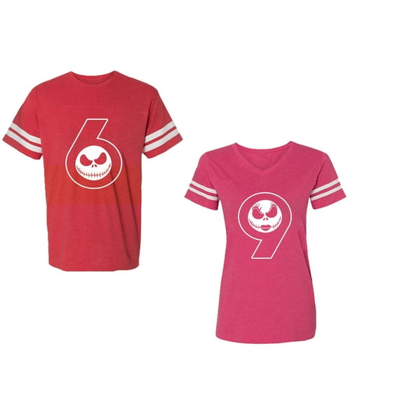 Halloween 69 Unisex Couple Matching Cotton Jersey style T-Shirt Contrasting stripes on sleeves (Men Red / Women Pink) (Men L / Women S)