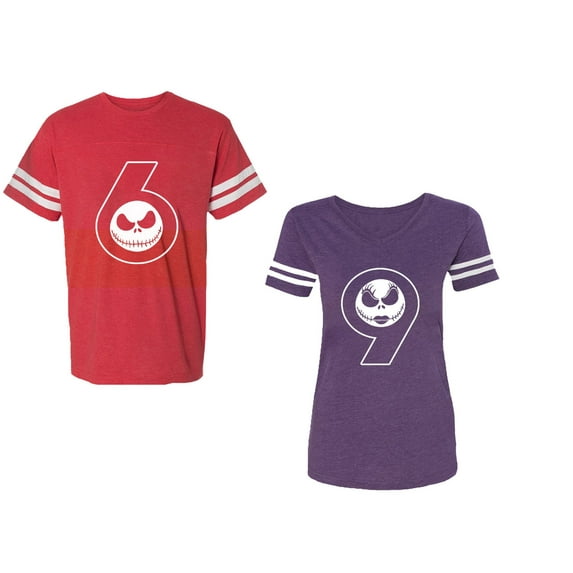 Halloween 69 Unisex Couple Matching Cotton Jersey style T-Shirt Contrasting stripes on sleeves (Men Red / Women Purple) (Men L / Women M)