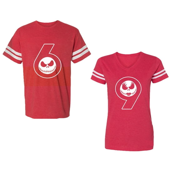 Halloween 69 Unisex Couple Matching Cotton Jersey style T-Shirt Contrasting stripes on sleeves (Men Red / Women Red) (Men L / Women M)