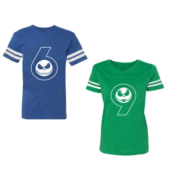 Halloween 69 Unisex Couple Matching Cotton Jersey style T-Shirt Contrasting stripes on sleeves (Men Royal / Women Green) (Men L / Women XXL)