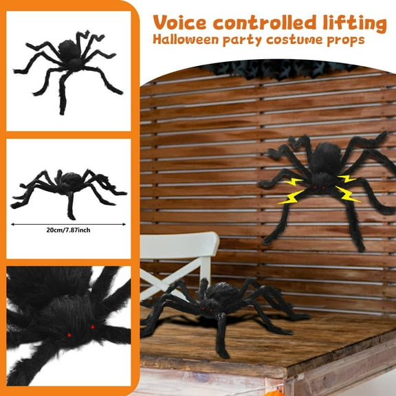 Halloween 7.9" Halloween Voice Activated Lifting Black Furry Spider Prop, Sound Controlled Auto Rise & Fall Fake Tarantula for Haunted House Escape Room Bar Party Spooky Prank Decor