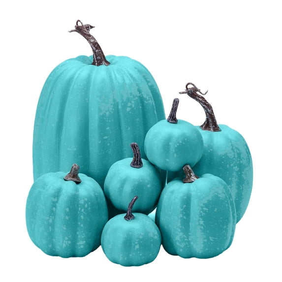 Halloween 7 Pcs Assorted Size Artificial Pumpkin Set, Realistic Artificial Pumpkin Decor for Fall Harvest Decorations, Thanksgiving Table Decor, Farmhouse Home Decoration and Seasonal Holiday Display