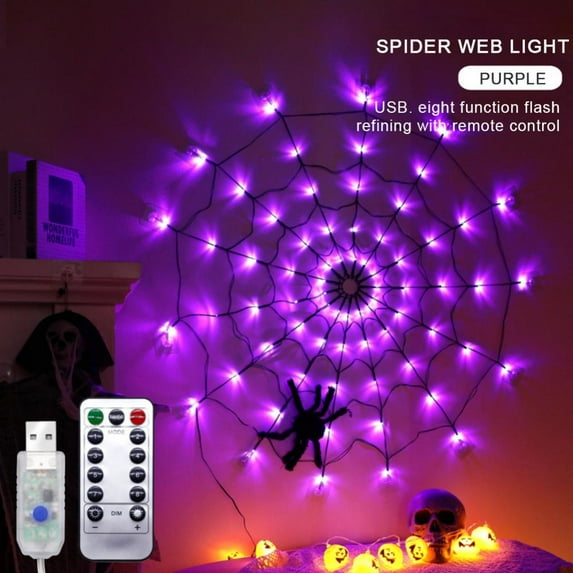 Halloween 70 LED Spider Web Lights with Spider and Controller, 3 Modes Light Up Cobweb Halloween Decorations for Indoor Ourdoor Garden Yard Home Patio