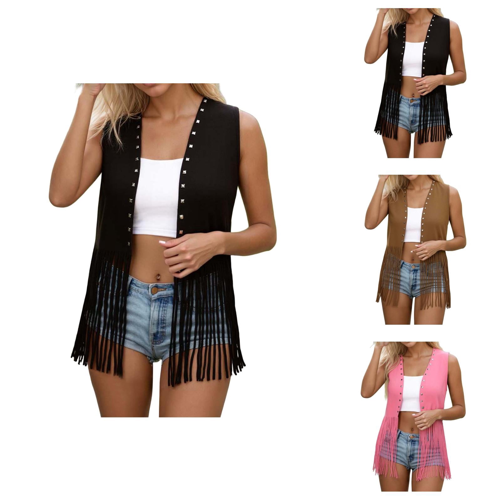 Alvivi Women's Fringe Vest 70s Hippie Costume Sleeveless Tassels Cardigan Cowgirl Western Tops Beige L