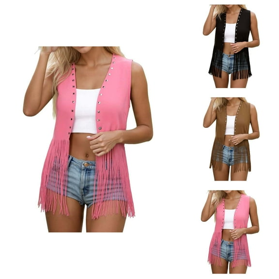 Halloween 70s Hippie Western Felt Cowgirl Fringe Vest Sleeveless Suede Tassels Jacket Open Front Jacket