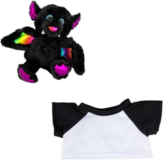 Halloween 8" Bruce the Bat Plush Toy with White Tee w/Black Sleeves- Sparkle Eyes, Metallic Accents, Wrap Wings - Perfect Halloween Decor & Gift for Kids