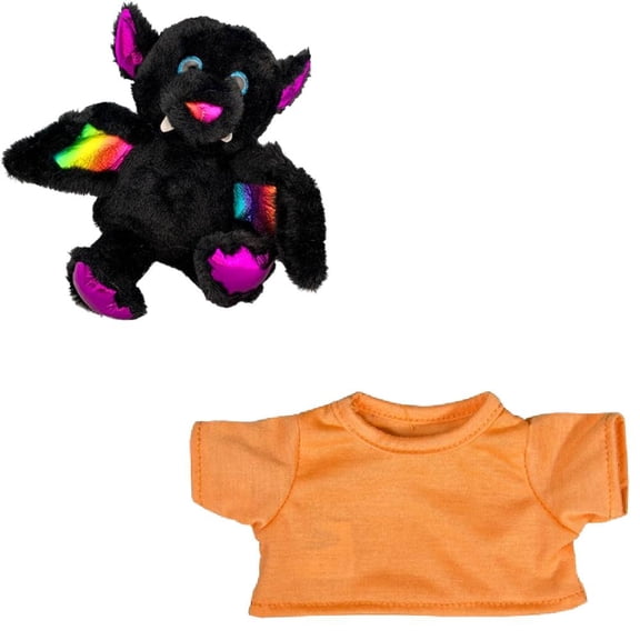 Halloween 8" Bruce the Bat Plush Toy with Orange T-Shirt- Sparkle Eyes, Metallic Accents, Wrap Wings - Perfect Halloween Decor & Gift for Kids