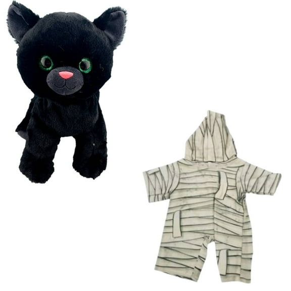 Halloween 8" Cinders the Cat Plush Toy with Mummy Morph Suit - Sparkly Green Eyes, Soft Charcoal Black Fur - Perfect Halloween Decor & Gift for Kids