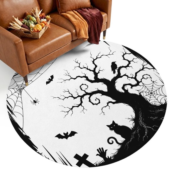 Halloween 8' Round Rugs for Open Concept Living Room Seating Zone, Fall Sitting Black Cat Goth Tree Silhouette Spiderwebs Washable Non Slip Mats Large Circle Lounge Area Area Rug