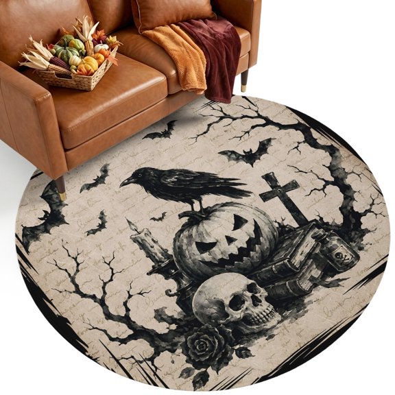 Halloween 8' Round Rugs for Open Concept Living Room Seating Zone, Fall Vintage Sitting Black Cat Goth Skull Dark Academia Rustic Washable Non Slip Mats Large Circle Lounge Area Area Rug